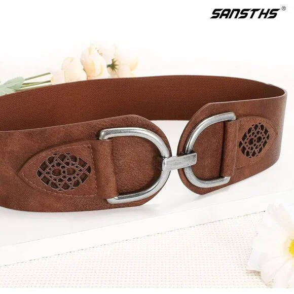 Women's Vintage Faux Leather Stretchy Wide Belt Chunky Buckle Elastic Wide Waist